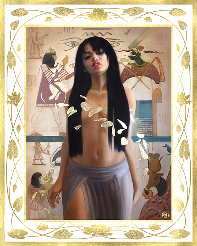 Janet Aurora figurative oil painting with gold leaf lotus border 