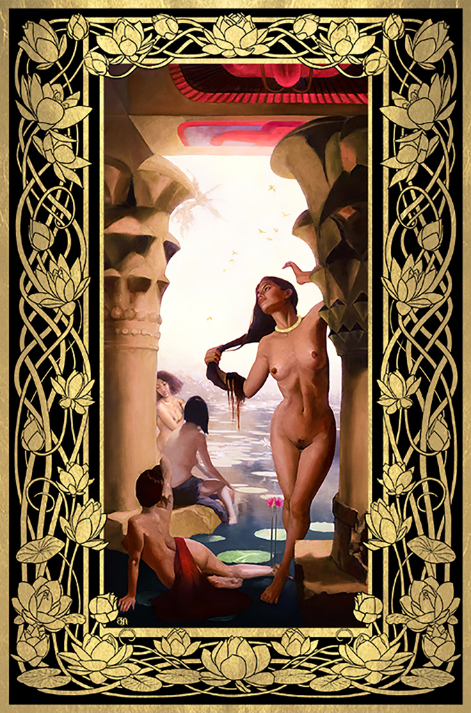 Janet Aurora oil painting of women by the Nile with gold leaf lotus border
