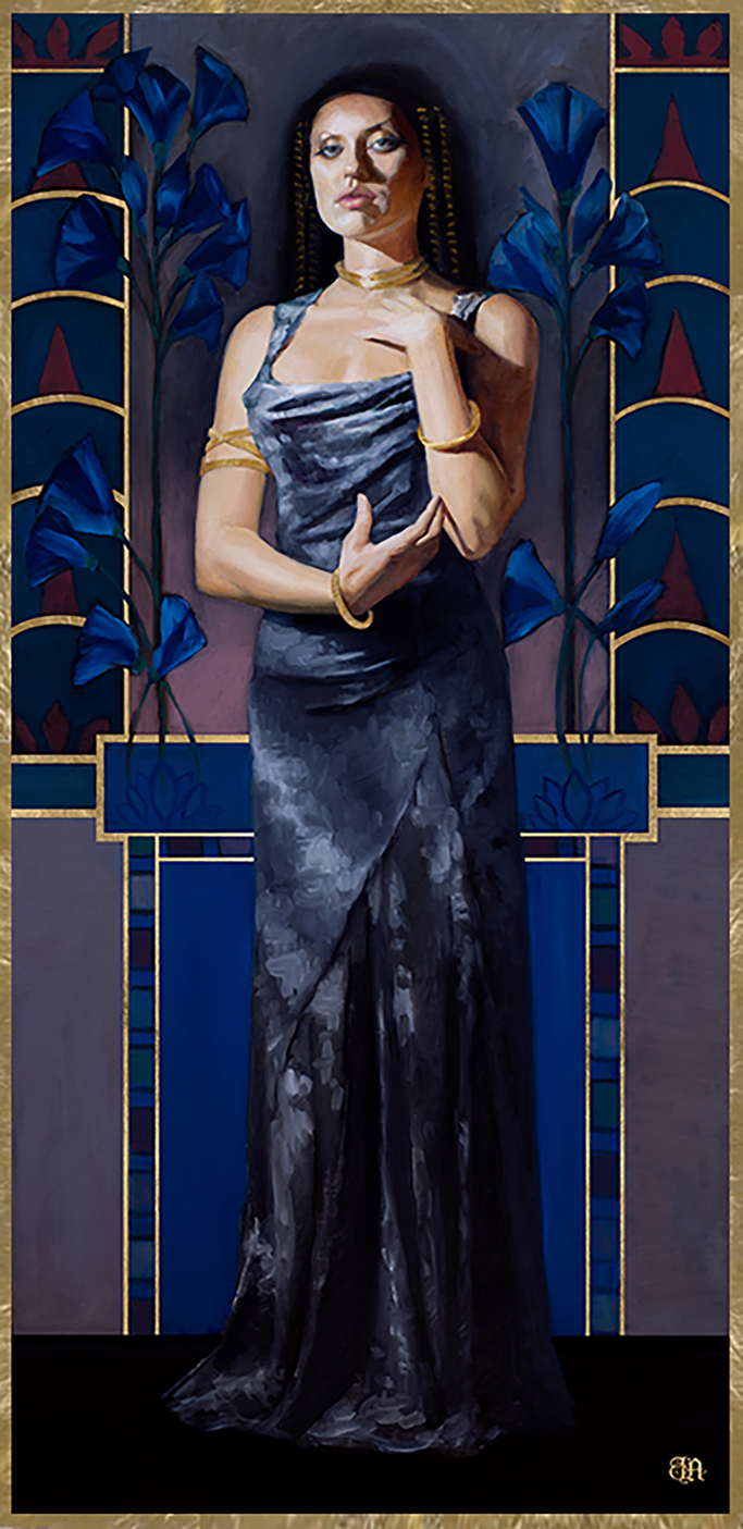 Janet Aurora figurative art nouveau painting with blue lotus flowers and gold leaf accents
