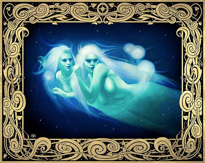Janet Aurora oil painting ethereal sirens underwater with gold leaf seaweed border