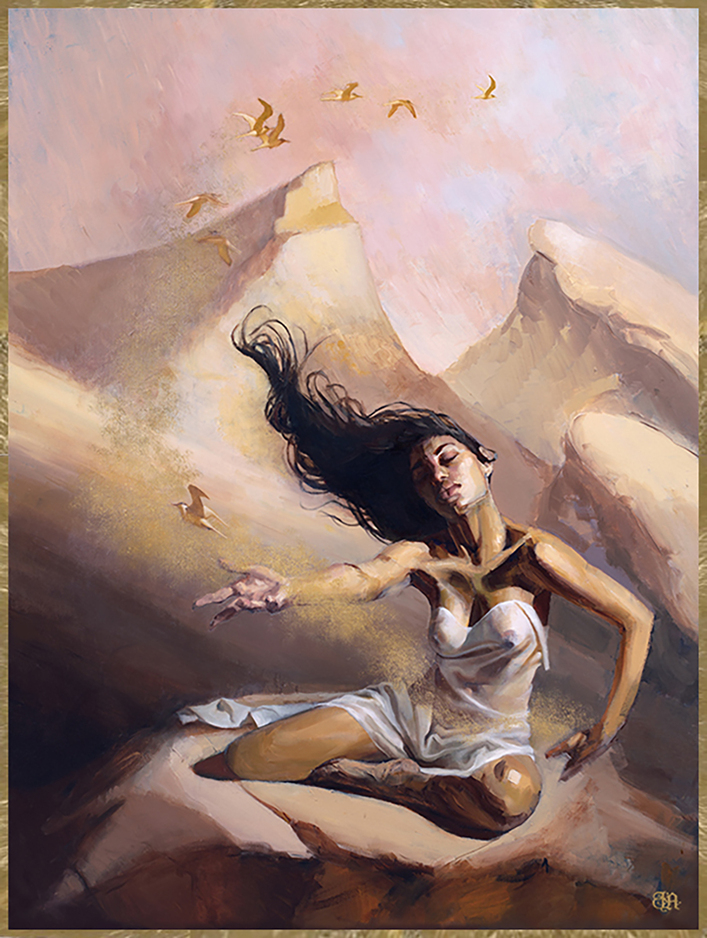 Janet Aurora oil painting woman in the desert with gold sand and birds