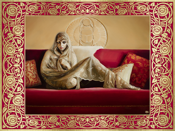 Janet Aurora realistic oil painting woman with ancient Egyptian scarab carving and gold leaf roses border